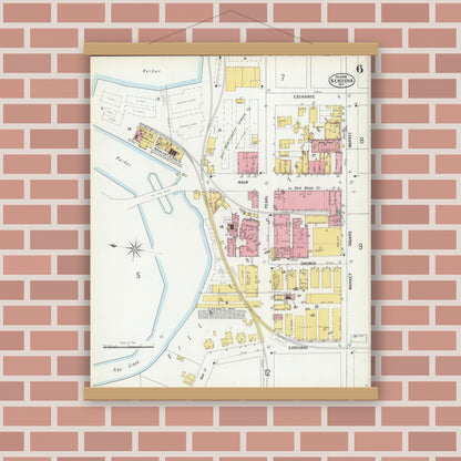 Old map wall art mockup — magnetic wood frame on brick wall — Sanborn Fire Insurance Map from Kenosha, Kenosha County, Wisconsin (1900), Sheet #0006