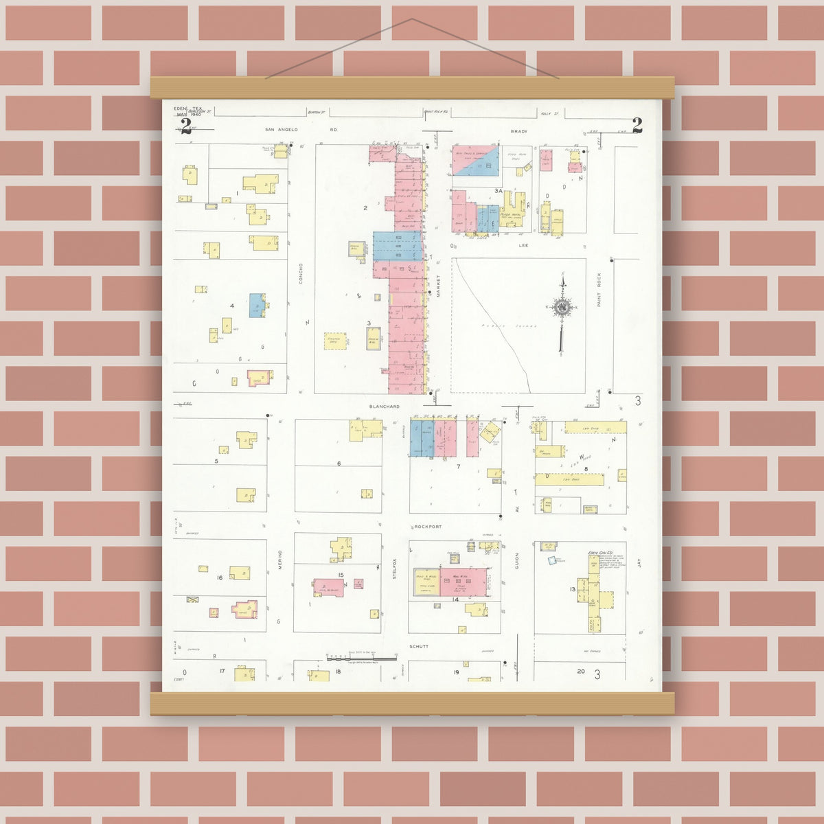 Old map wall art mockup — magnetic wood frame on brick wall — Sanborn Fire Insurance Map from Eden, Concho County, Texas (1940), Sheet #0002