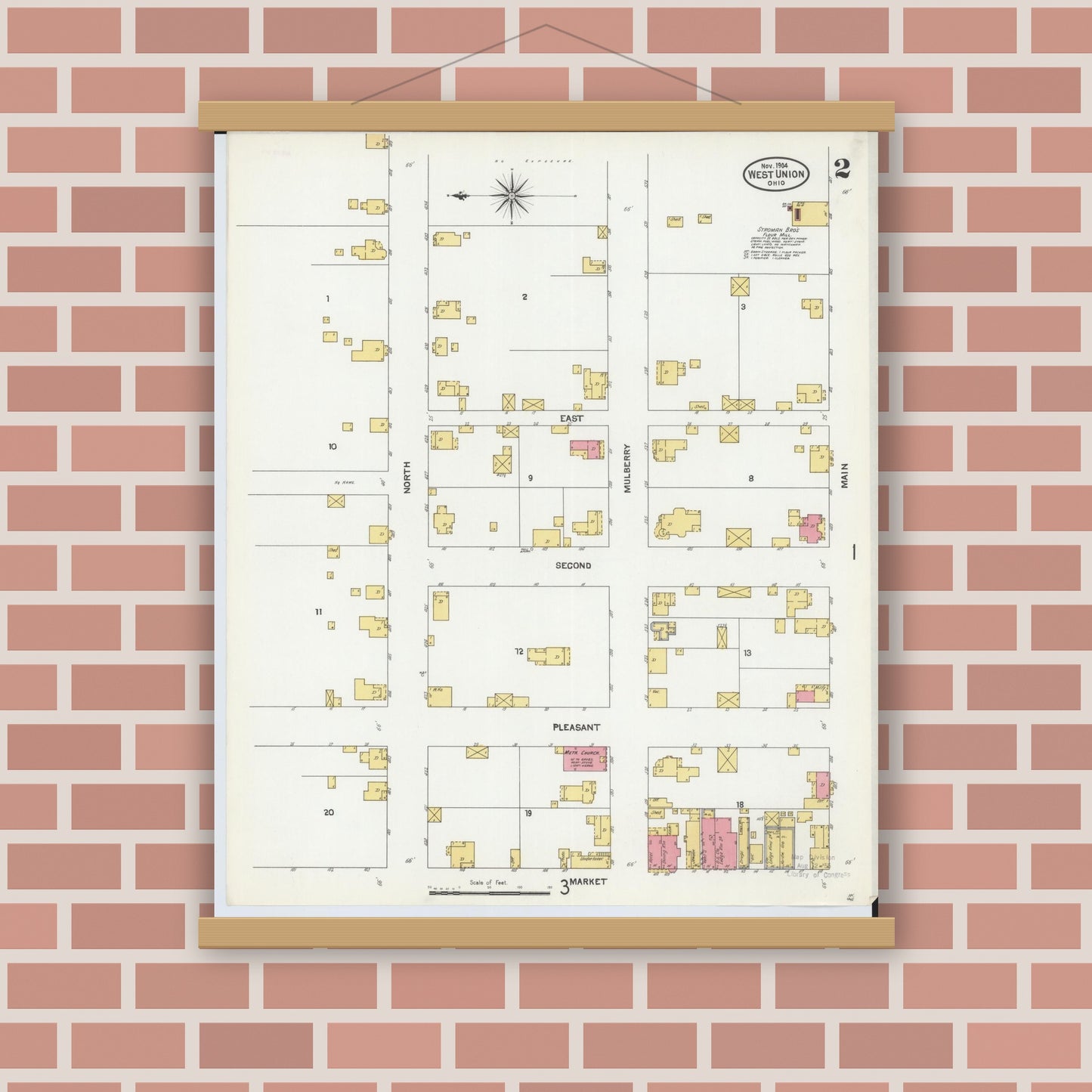 Old map wall art mockup — magnetic wood frame on brick wall — Sanborn Fire Insurance Map from West Union, Adams County, Ohio (1904), Sheet #0002