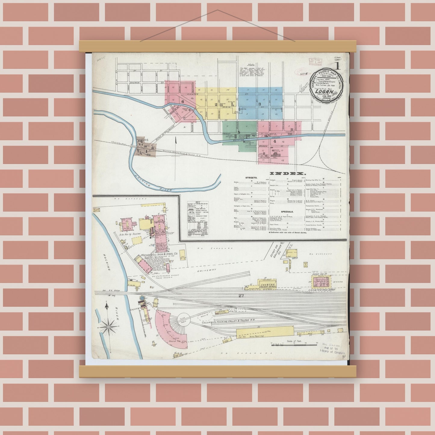 Old map wall art mockup — magnetic wood frame on brick wall — Sanborn Fire Insurance Map from Logan, Hocking County, Ohio (1893), Sheet #0001