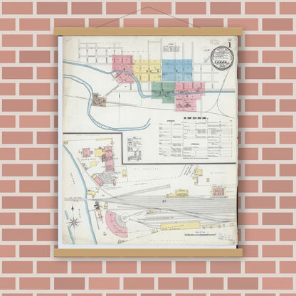 Old map wall art mockup — magnetic wood frame on brick wall — Sanborn Fire Insurance Map from Logan, Hocking County, Ohio (1893), Sheet #0001