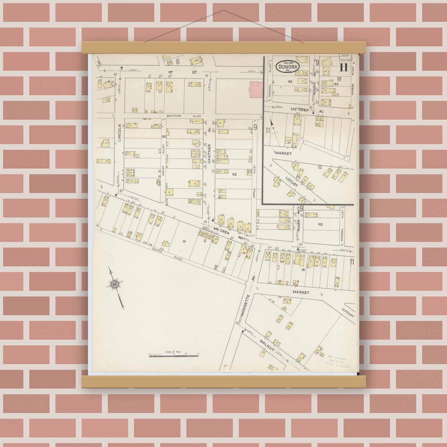 Old map wall art mockup — magnetic wood frame on brick wall — Sanborn Fire Insurance Map from Donora, Washington County, Pennsylvania (1914), Sheet #0011