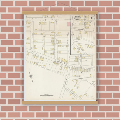 Old map wall art mockup — magnetic wood frame on brick wall — Sanborn Fire Insurance Map from Donora, Washington County, Pennsylvania (1914), Sheet #0011