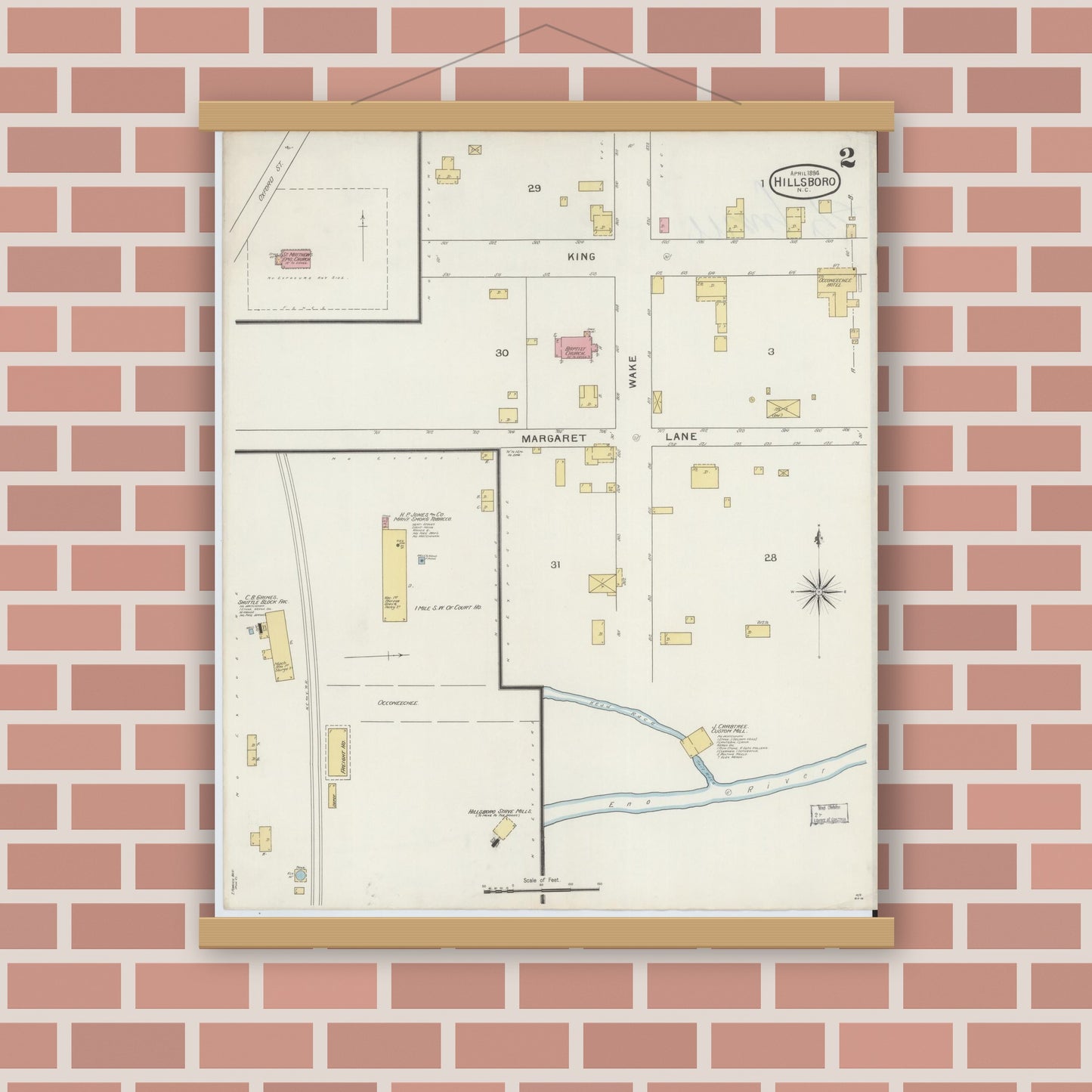 Old map wall art mockup — magnetic wood frame on brick wall — Sanborn Fire Insurance Map from Hillsboro, Orange County, North Carolina (1894), Sheet #0002