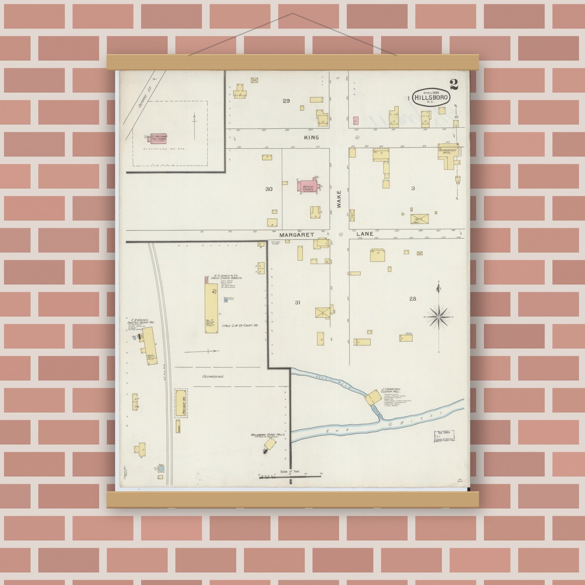 Old map wall art mockup — magnetic wood frame on brick wall — Sanborn Fire Insurance Map from Hillsboro, Orange County, North Carolina (1894), Sheet #0002