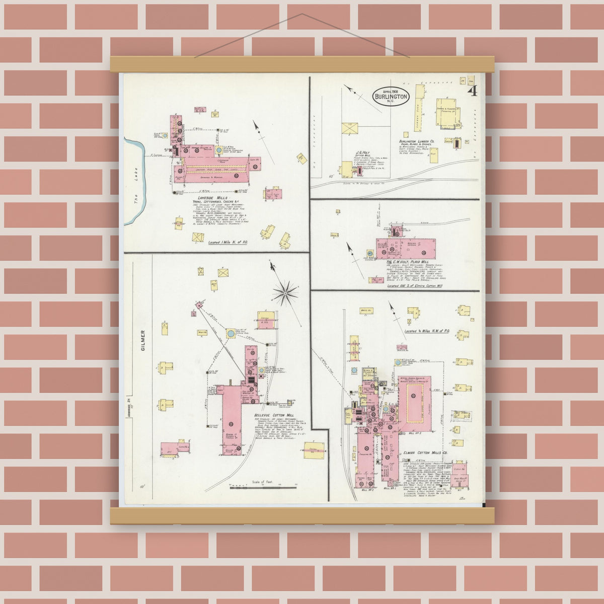 Old map wall art mockup — magnetic wood frame on brick wall — Sanborn Fire Insurance Map from Burlington, Alamance County, North Carolina (1908), Sheet #0004