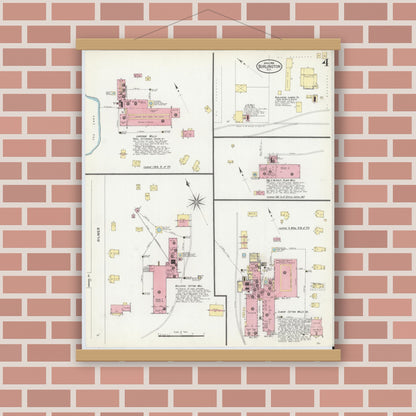 Old map wall art mockup — magnetic wood frame on brick wall — Sanborn Fire Insurance Map from Burlington, Alamance County, North Carolina (1908), Sheet #0004