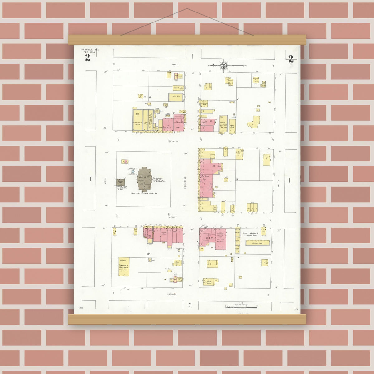Old map wall art mockup — magnetic wood frame on brick wall — Sanborn Fire Insurance Map from Fairfield, Freestone County, Texas (1934), Sheet #0002