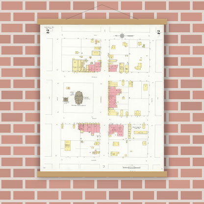 Old map wall art mockup — magnetic wood frame on brick wall — Sanborn Fire Insurance Map from Fairfield, Freestone County, Texas (1934), Sheet #0002