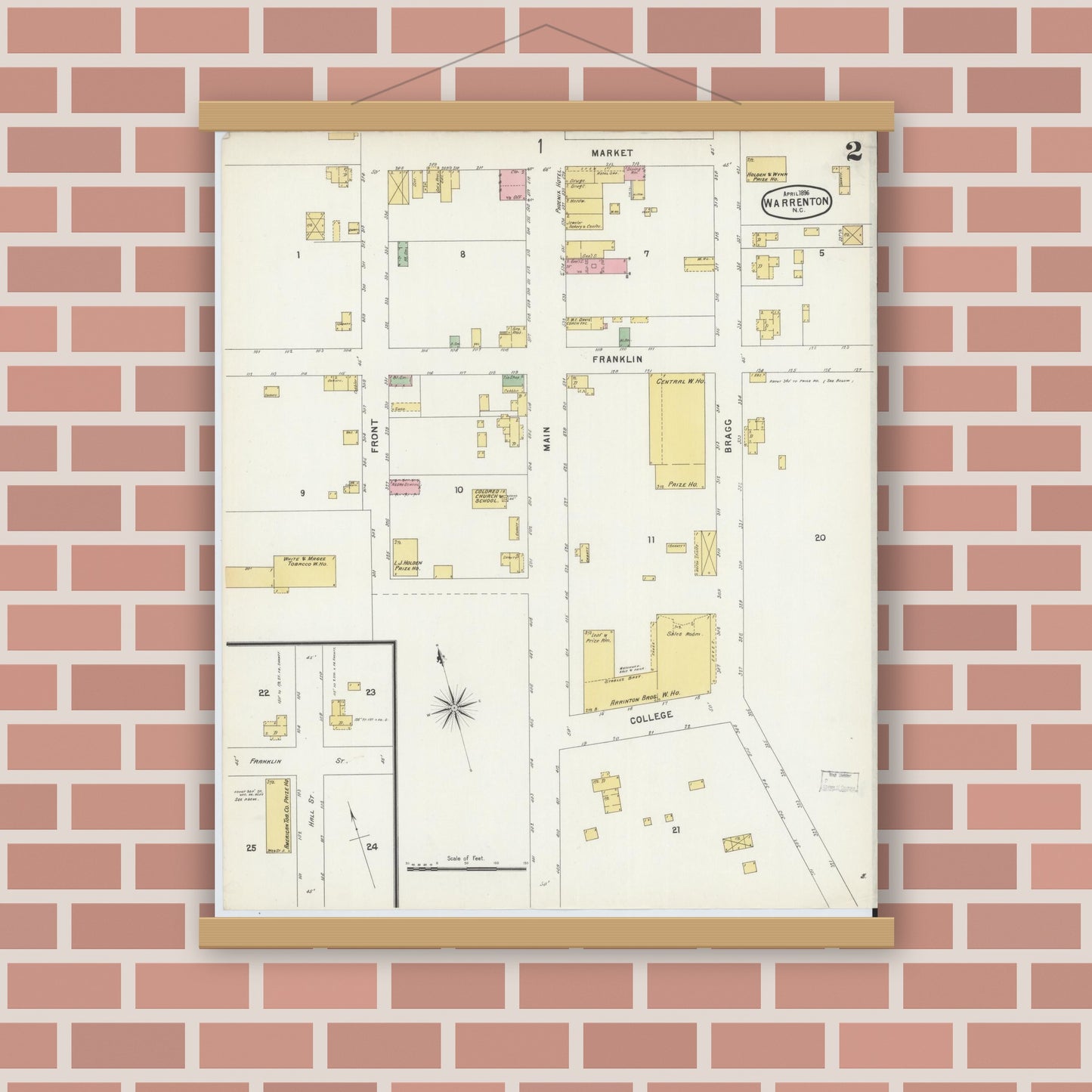 Old map wall art mockup — magnetic wood frame on brick wall — Sanborn Fire Insurance Map from Warrenton, Warren County, North Carolina (1896), Sheet #0002