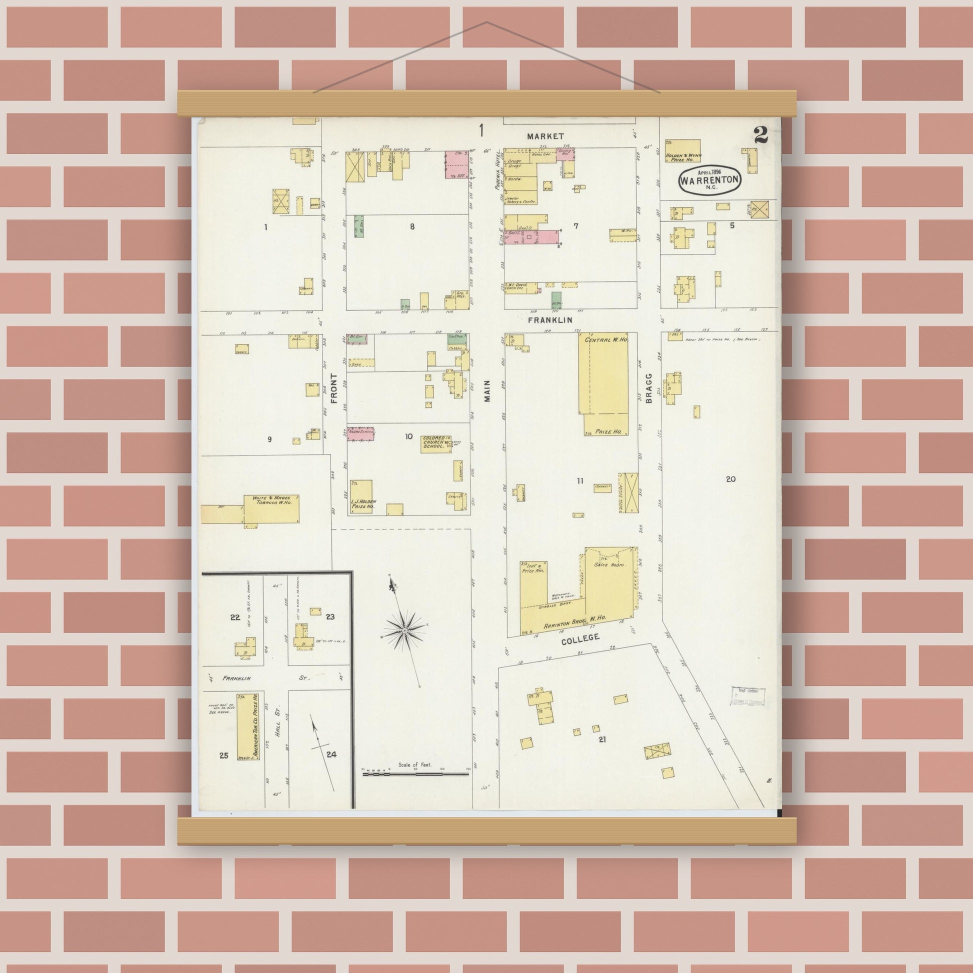 Old map wall art mockup — magnetic wood frame on brick wall — Sanborn Fire Insurance Map from Warrenton, Warren County, North Carolina (1896), Sheet #0002