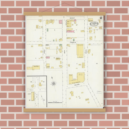 Old map wall art mockup — magnetic wood frame on brick wall — Sanborn Fire Insurance Map from Warrenton, Warren County, North Carolina (1896), Sheet #0002