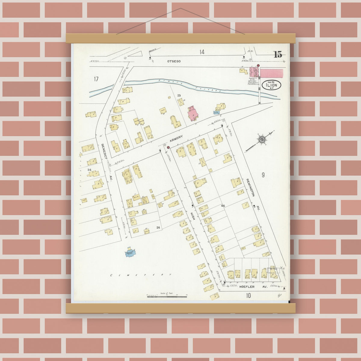 Old map wall art mockup — magnetic wood frame on brick wall — Sanborn Fire Insurance Map from Ilion, Herkimer County, New York (1912), Sheet #0015