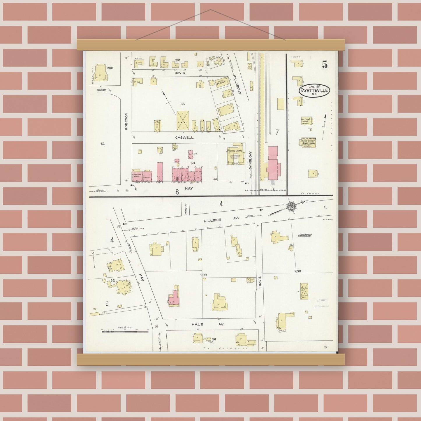 Old map wall art mockup — magnetic wood frame on brick wall — Sanborn Fire Insurance Map from Fayetteville, Cumberland County, North Carolina (1914), Sheet #0005