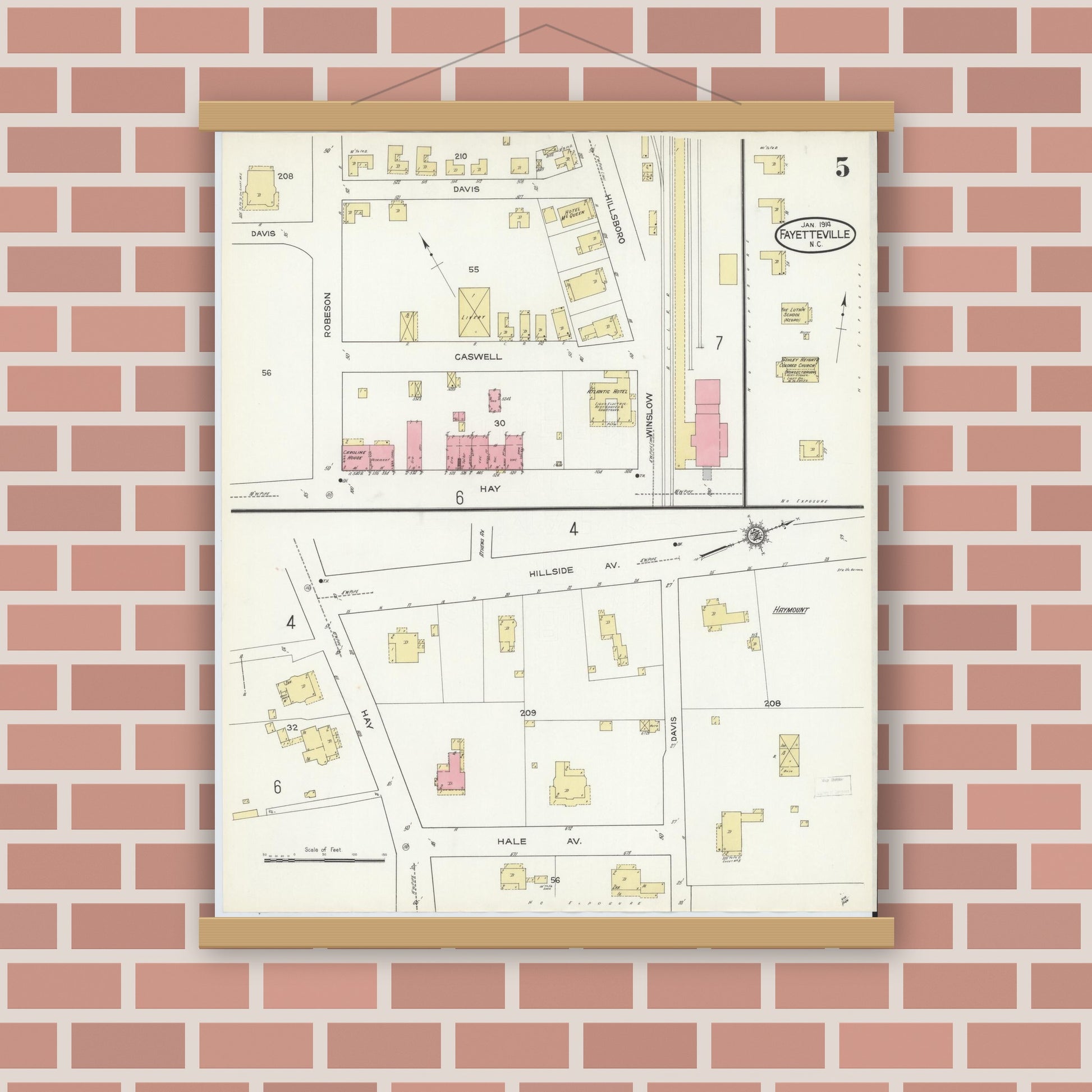 Old map wall art mockup — magnetic wood frame on brick wall — Sanborn Fire Insurance Map from Fayetteville, Cumberland County, North Carolina (1914), Sheet #0005
