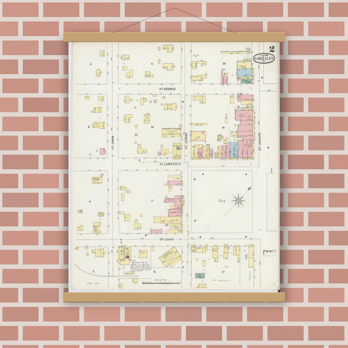 Old map wall art mockup — magnetic wood frame on brick wall — Sanborn Fire Insurance Map from Gonzales, Gonzales County, Texas (1896), Sheet #0002