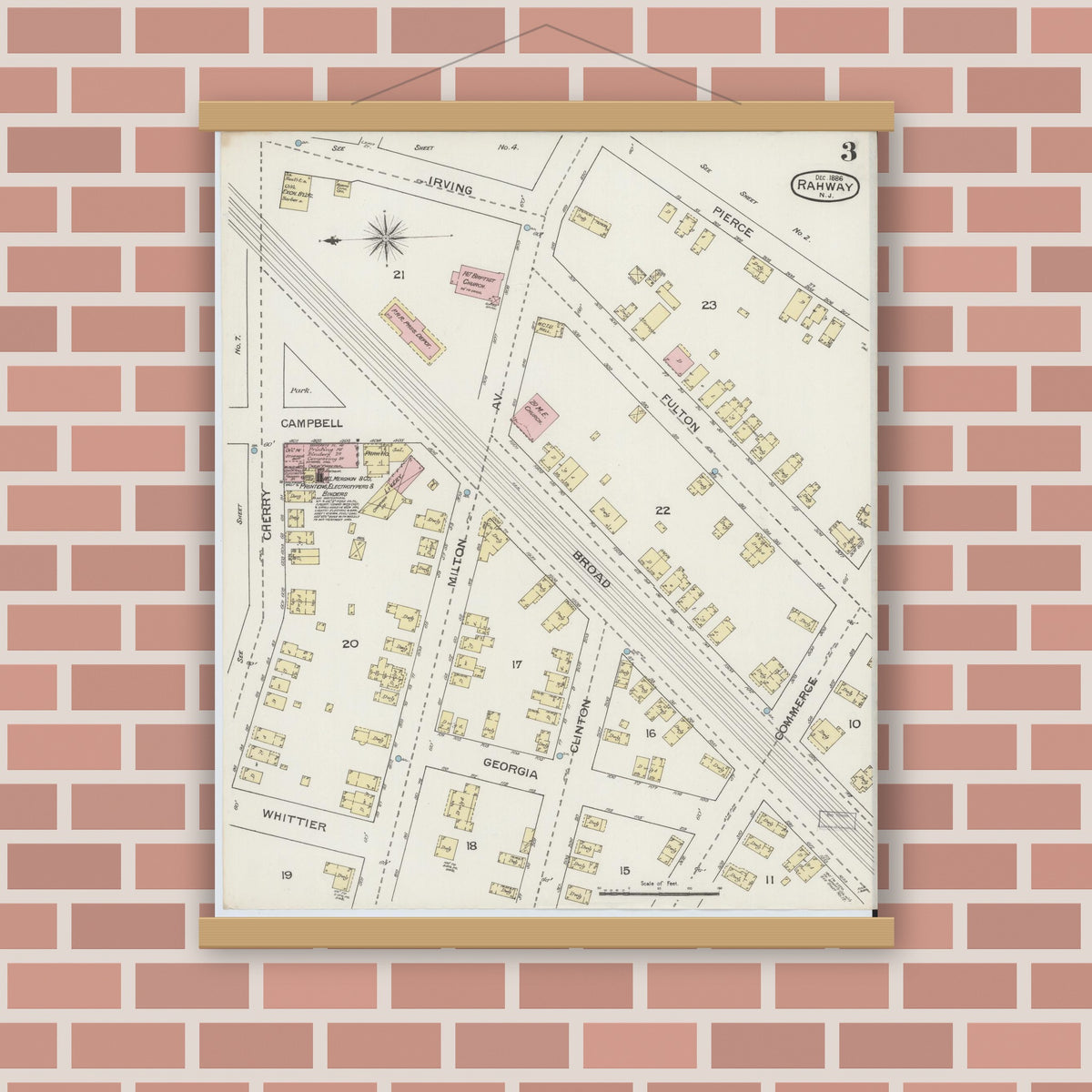 Old map wall art mockup — magnetic wood frame on brick wall — Sanborn Fire Insurance Map from Rahway, Union County, New Jersey (1886), Sheet #0003