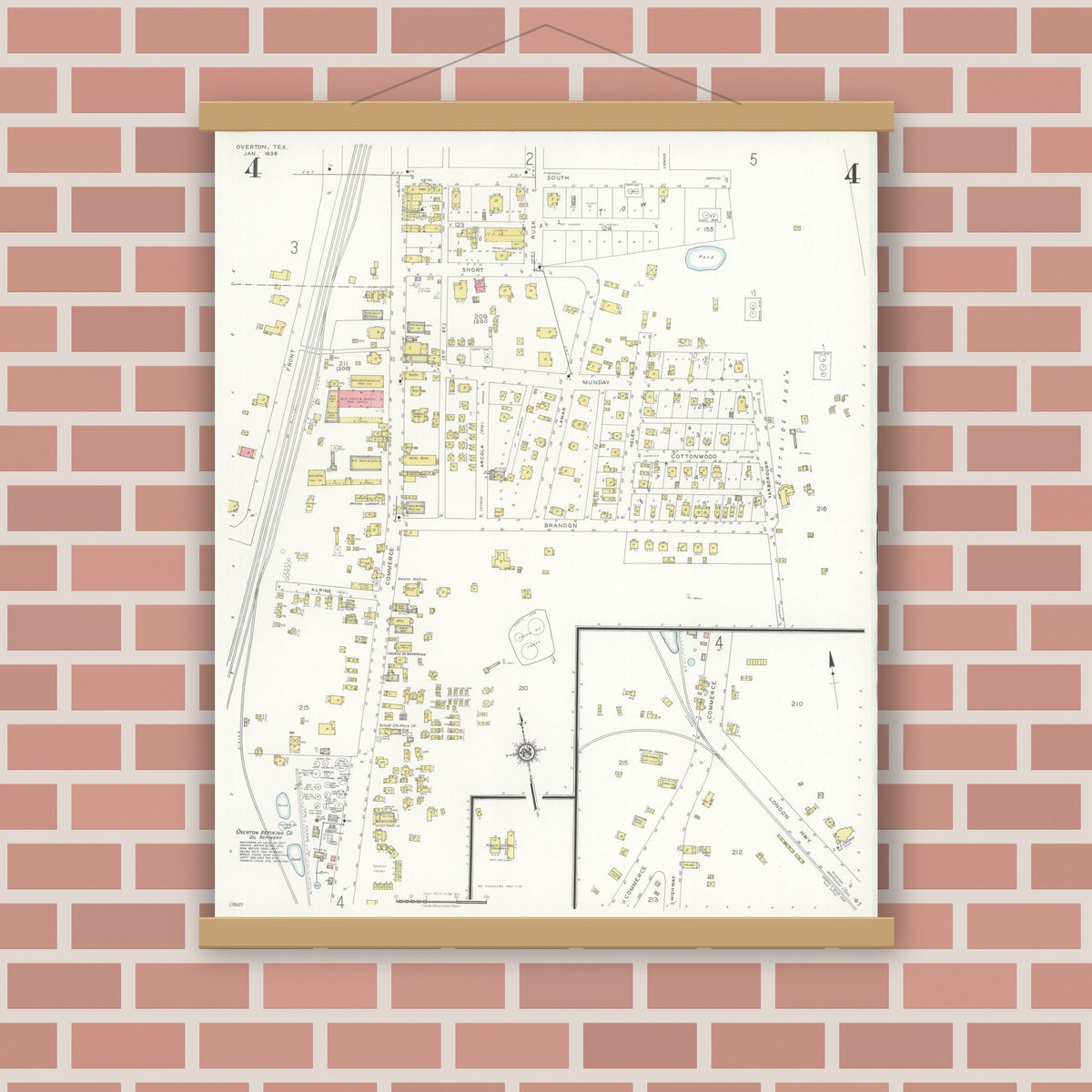 Old map wall art mockup — magnetic wood frame on brick wall — Sanborn Fire Insurance Map from Overton, Rusk County, Texas (1936), Sheet #0004