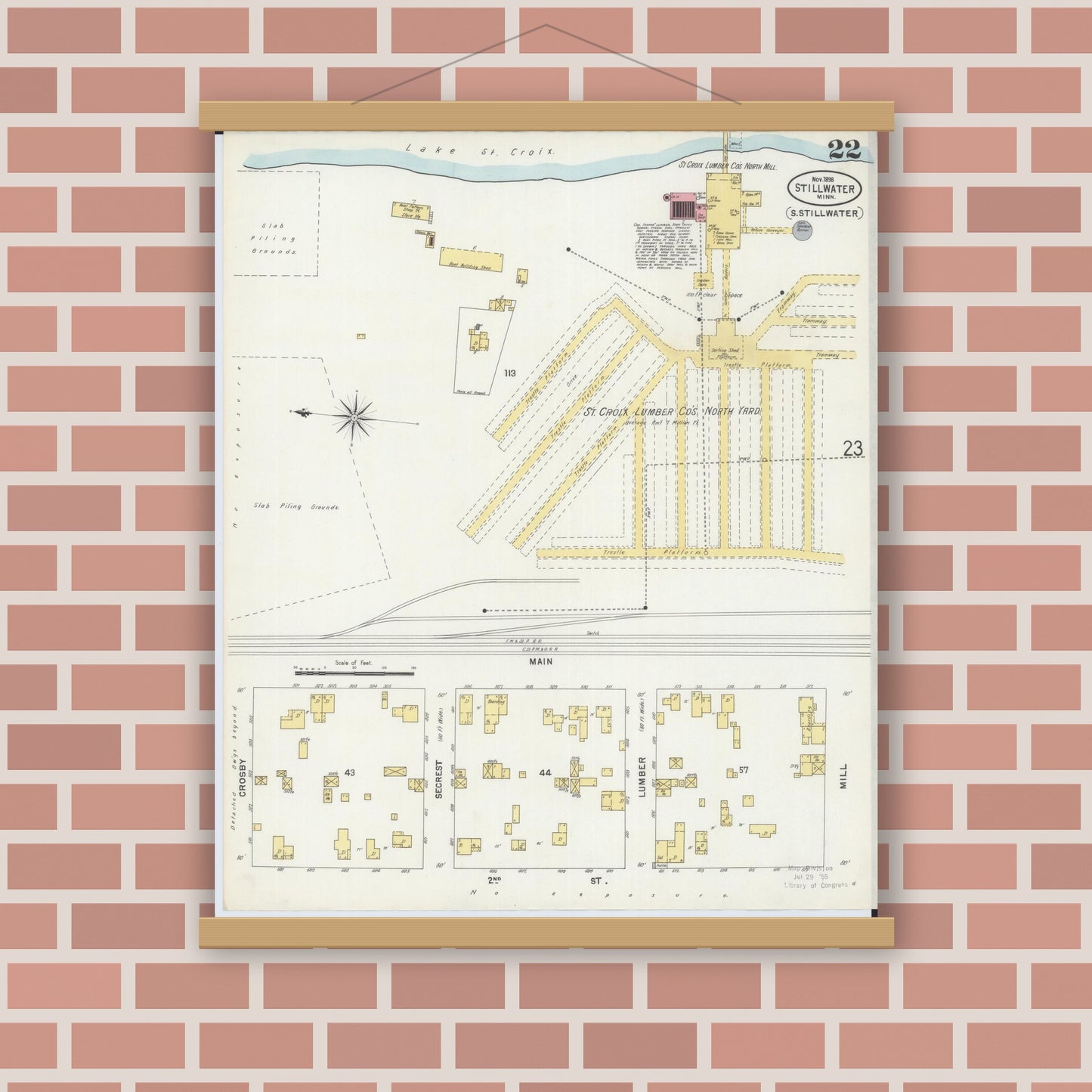Old map wall art mockup — magnetic wood frame on brick wall — Sanborn Fire Insurance Map from Stillwater, Washington County, Minnesota (1898), Sheet #0022