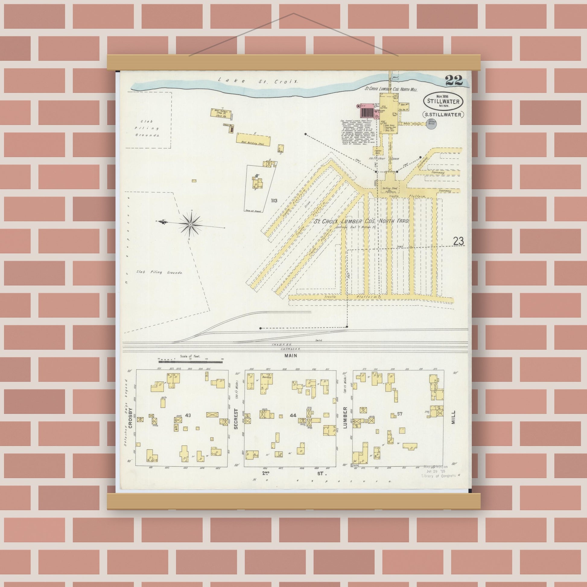 Old map wall art mockup — magnetic wood frame on brick wall — Sanborn Fire Insurance Map from Stillwater, Washington County, Minnesota (1898), Sheet #0022