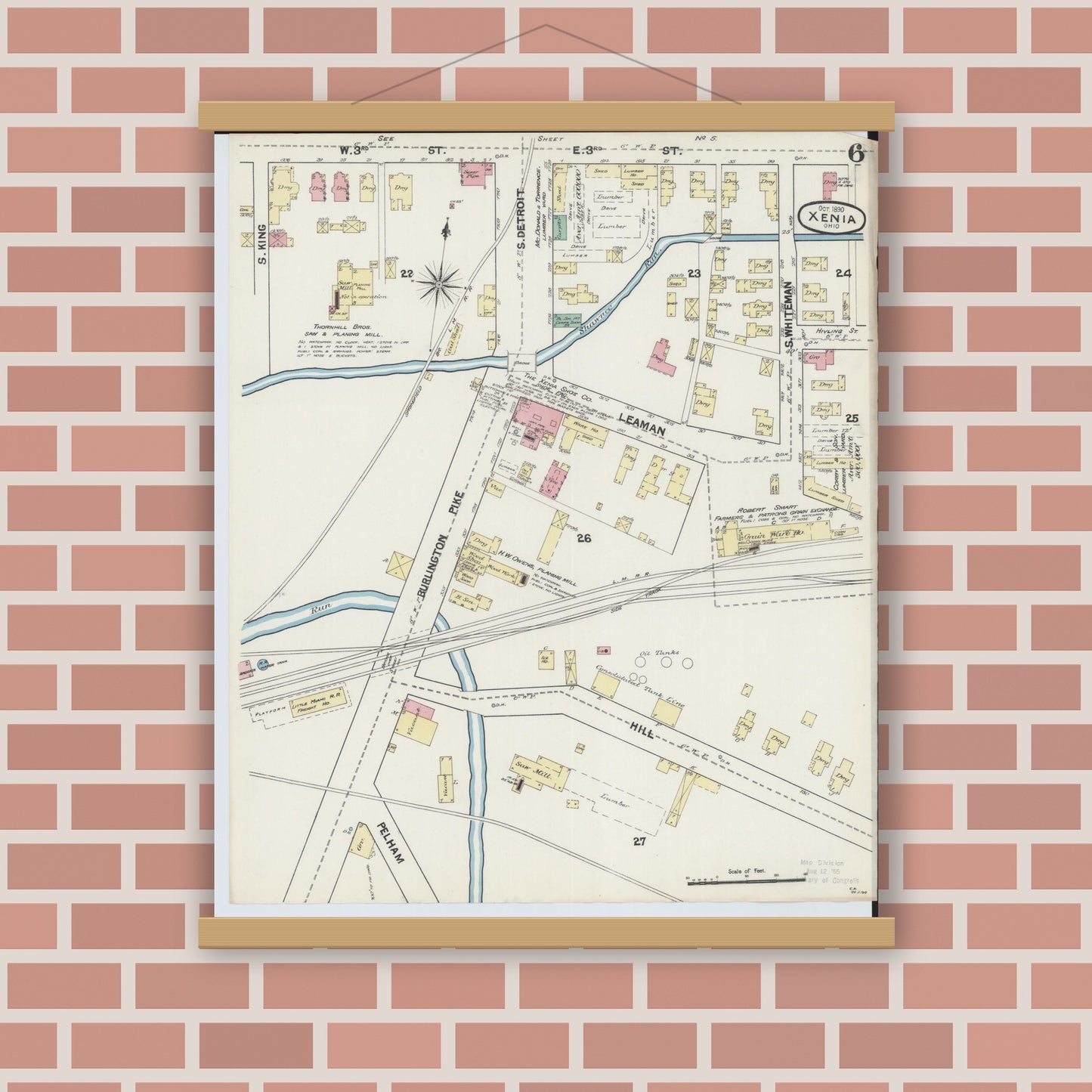 Old map wall art mockup — magnetic wood frame on brick wall — Sanborn Fire Insurance Map from Xenia, Greene County, Ohio (1890), Sheet #0006