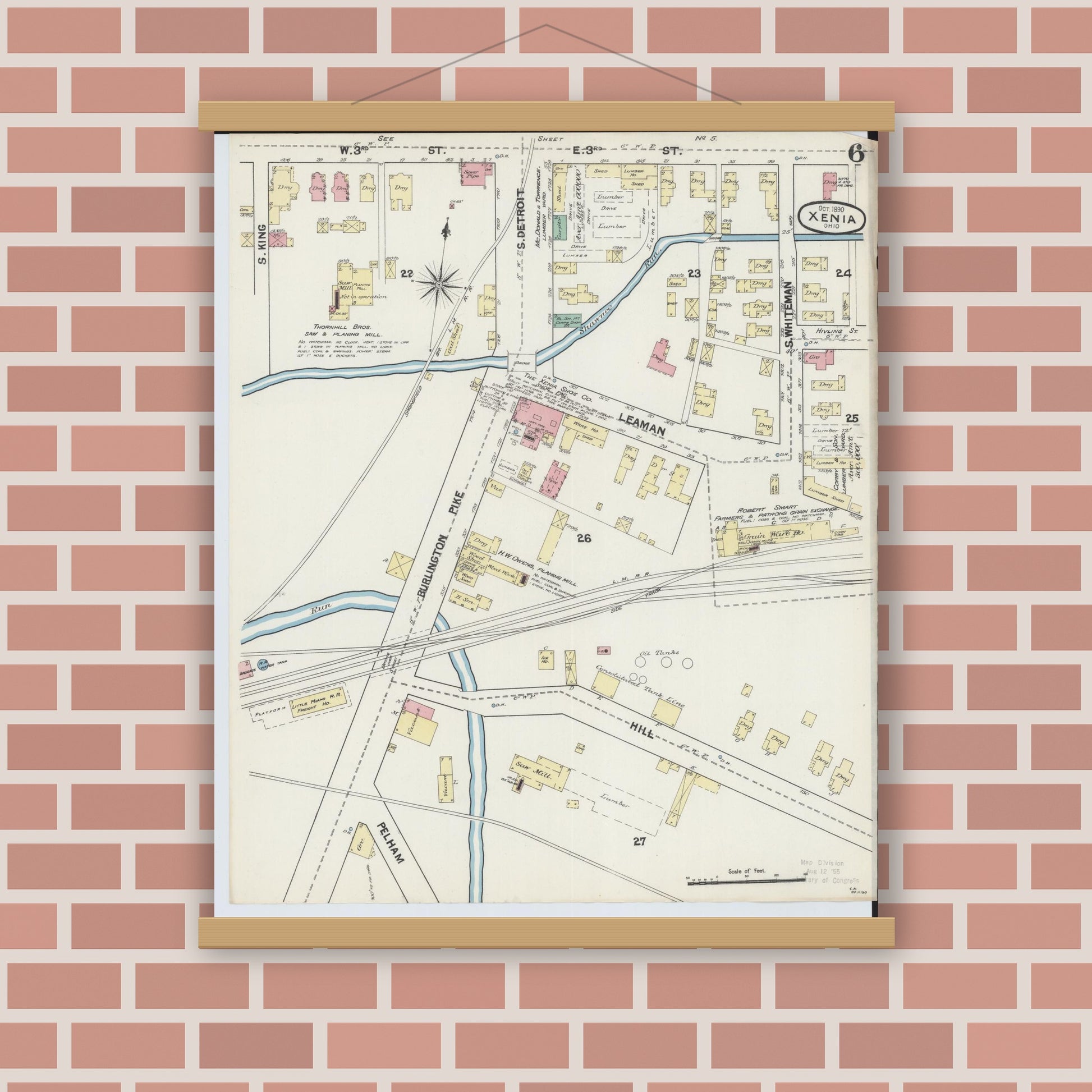 Old map wall art mockup — magnetic wood frame on brick wall — Sanborn Fire Insurance Map from Xenia, Greene County, Ohio (1890), Sheet #0006