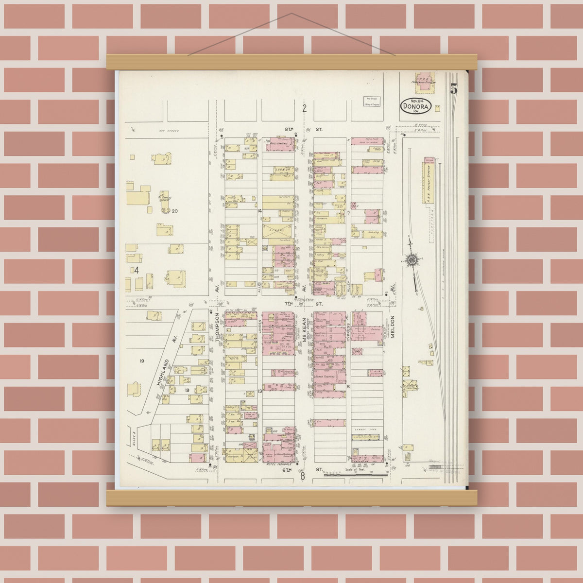Old map wall art mockup — magnetic wood frame on brick wall — Sanborn Fire Insurance Map from Donora, Washington County, Pennsylvania (1914), Sheet #0005