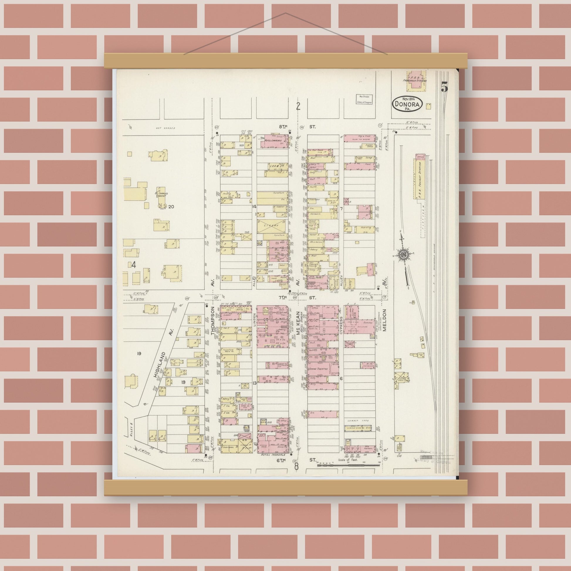 Old map wall art mockup — magnetic wood frame on brick wall — Sanborn Fire Insurance Map from Donora, Washington County, Pennsylvania (1914), Sheet #0005