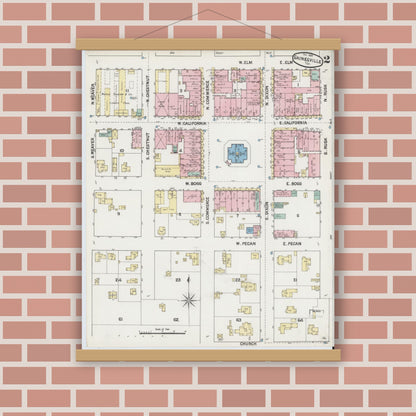 Old map wall art mockup — magnetic wood frame on brick wall — Sanborn Fire Insurance Map from Gainesville, Cooke County, Texas (1888), Sheet #0002