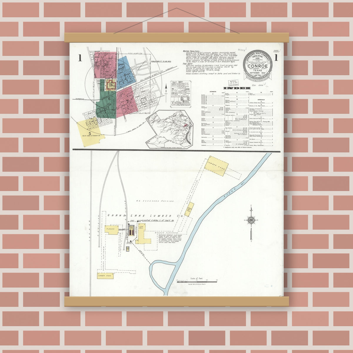 Old map wall art mockup — magnetic wood frame on brick wall — Sanborn Fire Insurance Map from Conroe, Montgomery County, Texas (1923) - Complete Map Set