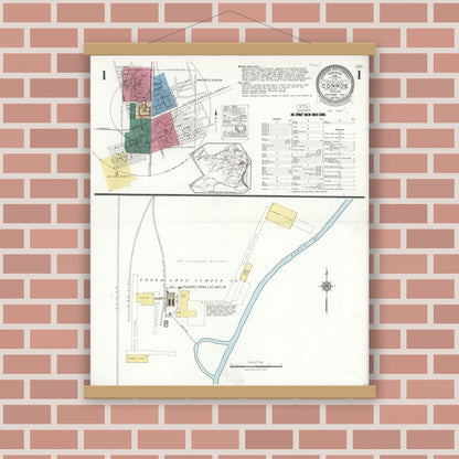 Old map wall art mockup — magnetic wood frame on brick wall — Sanborn Fire Insurance Map from Conroe, Montgomery County, Texas (1923) - Complete Map Set