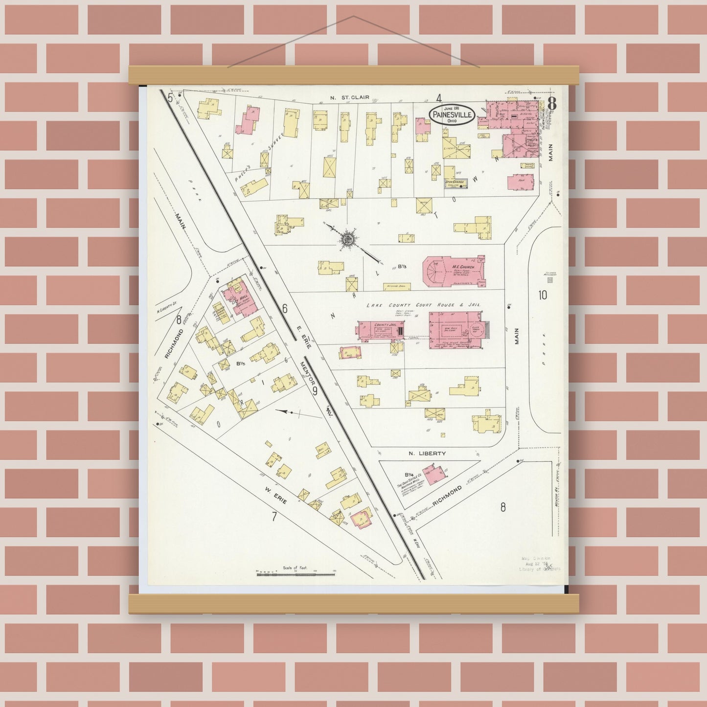 Old map wall art mockup — magnetic wood frame on brick wall — Sanborn Fire Insurance Map from Painesville, Lake County, Ohio (1911), Sheet #0008