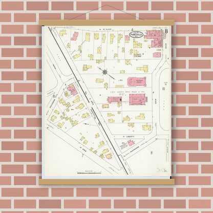 Old map wall art mockup — magnetic wood frame on brick wall — Sanborn Fire Insurance Map from Painesville, Lake County, Ohio (1911), Sheet #0008