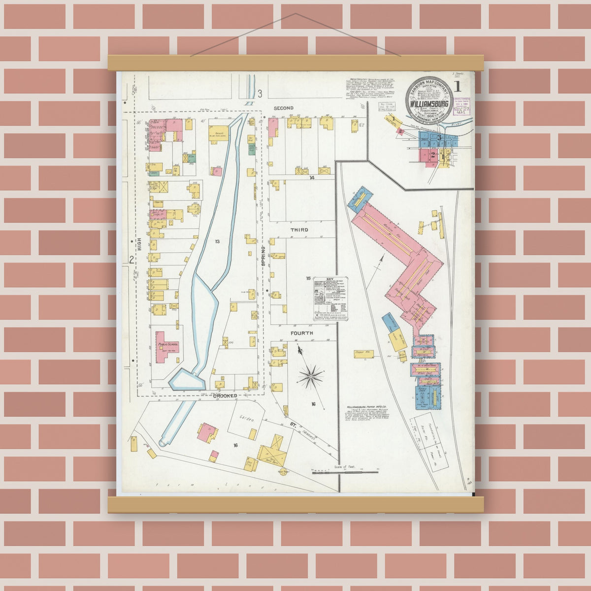 Old map wall art mockup — magnetic wood frame on brick wall — Sanborn Fire Insurance Map from Williamsburg, Blair County, Pennsylvania (1904), Sheet #0001