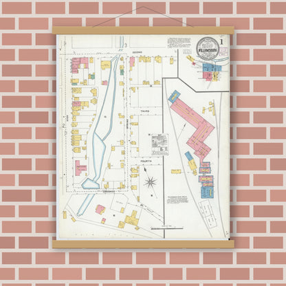 Old map wall art mockup — magnetic wood frame on brick wall — Sanborn Fire Insurance Map from Williamsburg, Blair County, Pennsylvania (1904), Sheet #0001