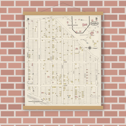 Old map wall art mockup — magnetic wood frame on brick wall — Sanborn Fire Insurance Map from Zelienople, Butler County, Pennsylvania (1925), Sheet #0009