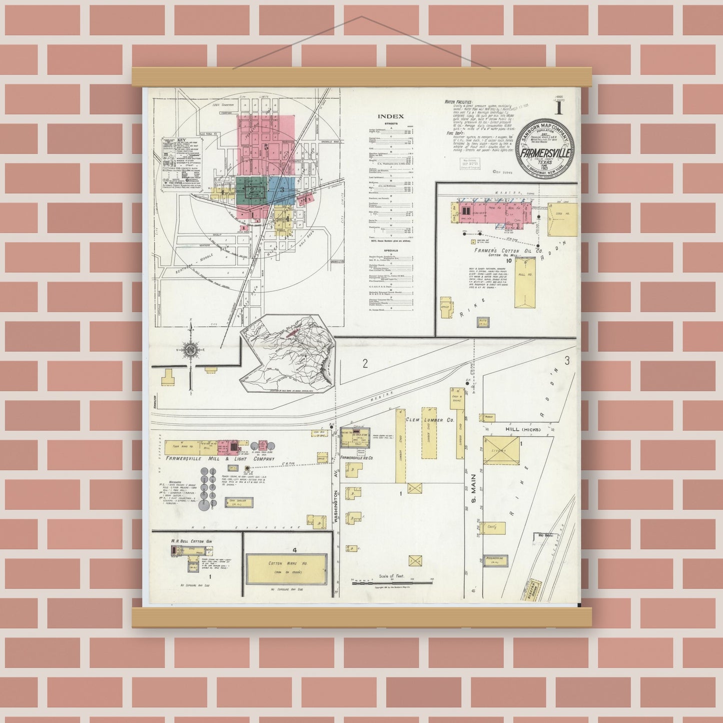 Old map wall art mockup — magnetic wood frame on brick wall — Sanborn Fire Insurance Map from Farmersville, Collin County, Texas (1921) - Complete Map Set