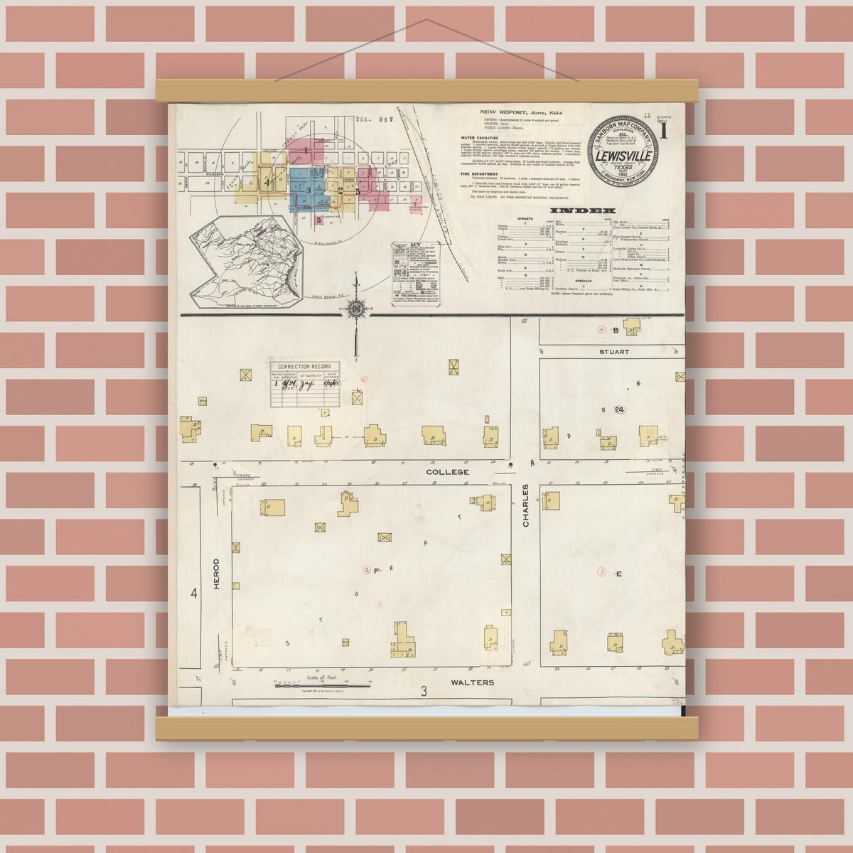 Old map wall art mockup — magnetic wood frame on brick wall — Sanborn Fire Insurance Map from Lewisville, Denton County, Texas (1934) - Complete Map Set
