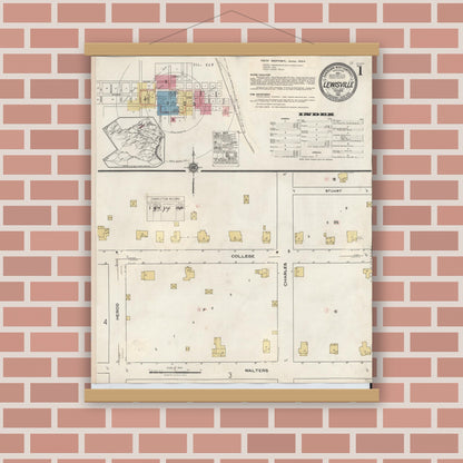 Old map wall art mockup — magnetic wood frame on brick wall — Sanborn Fire Insurance Map from Lewisville, Denton County, Texas (1934) - Complete Map Set