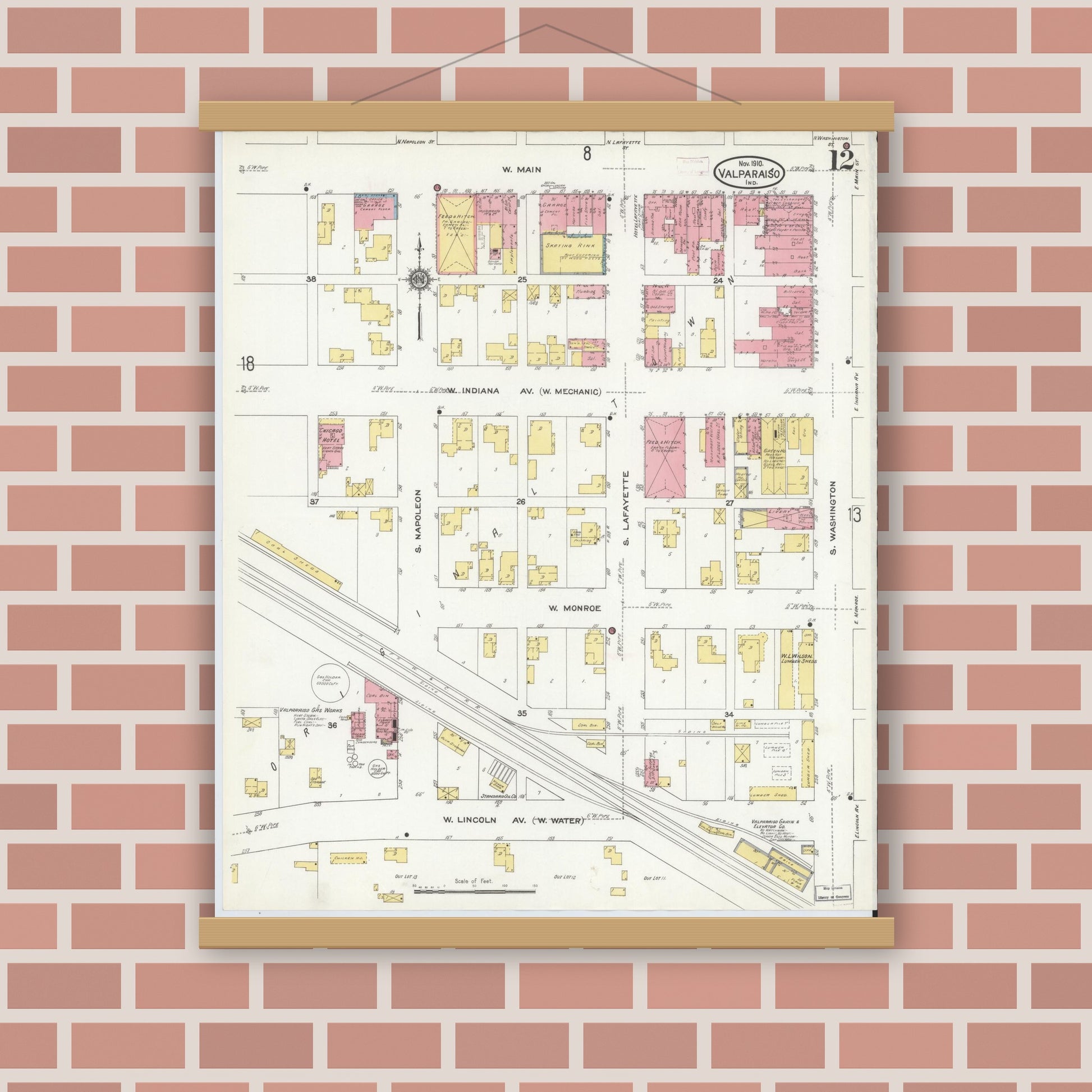 Old map wall art mockup — magnetic wood frame on brick wall — Sanborn Fire Insurance Map from Valparaiso, Porter County, Indiana (1910), Sheet #0012