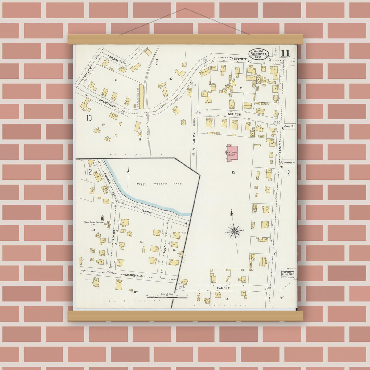 Old map wall art mockup — magnetic wood frame on brick wall — Sanborn Fire Insurance Map from Spencer, Worcester County, Massachusetts (1906), Sheet #0011