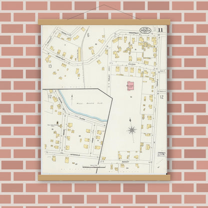 Old map wall art mockup — magnetic wood frame on brick wall — Sanborn Fire Insurance Map from Spencer, Worcester County, Massachusetts (1906), Sheet #0011