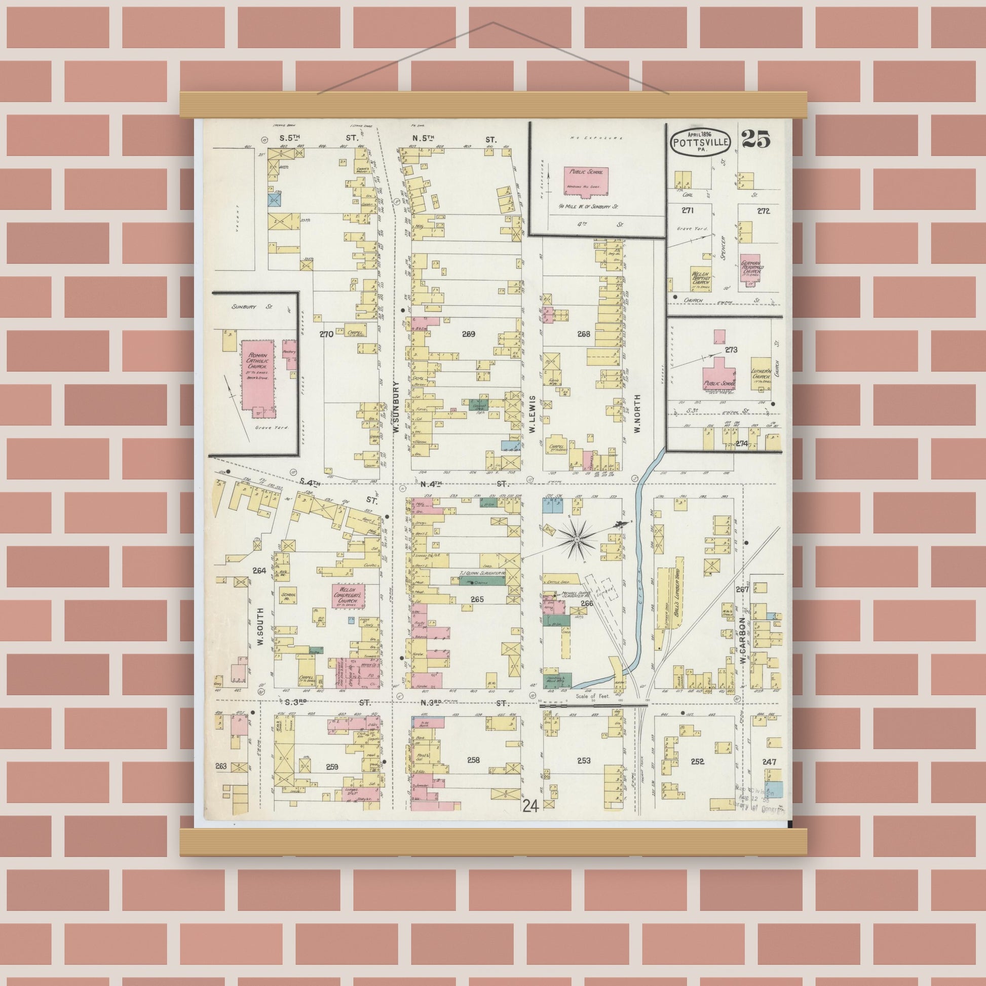 Old map wall art mockup — magnetic wood frame on brick wall — Sanborn Fire Insurance Map from Pottsville, Schuylkill County, Pennsylvania (1895), Sheet #0025