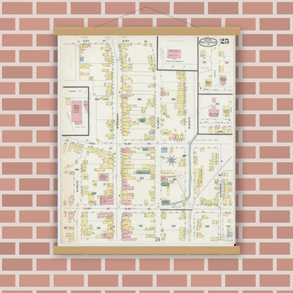 Old map wall art mockup — magnetic wood frame on brick wall — Sanborn Fire Insurance Map from Pottsville, Schuylkill County, Pennsylvania (1895), Sheet #0025