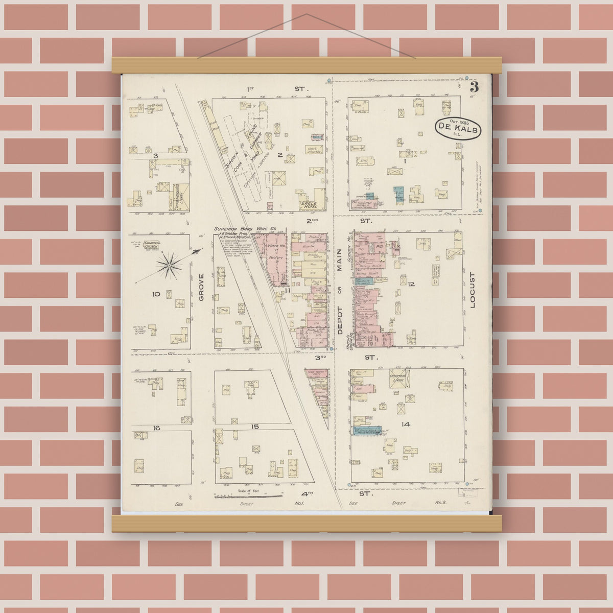 Old map wall art mockup — magnetic wood frame on brick wall — Sanborn Fire Insurance Map from De Kalb, De Kalb County, Illinois (1885), Sheet #0003
