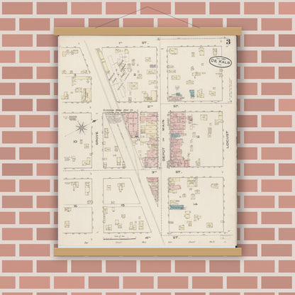 Old map wall art mockup — magnetic wood frame on brick wall — Sanborn Fire Insurance Map from De Kalb, De Kalb County, Illinois (1885), Sheet #0003