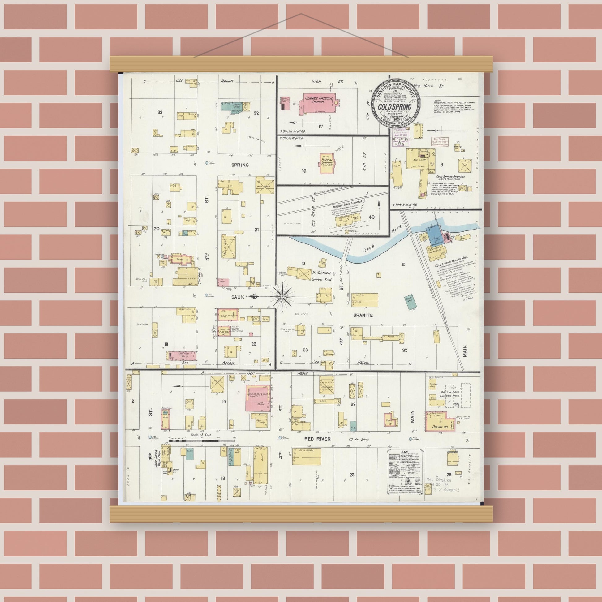 Old map wall art mockup — magnetic wood frame on brick wall — Sanborn Fire Insurance Map from Cold Spring, Stearns County, Minnesota (1903), Sheet #0001