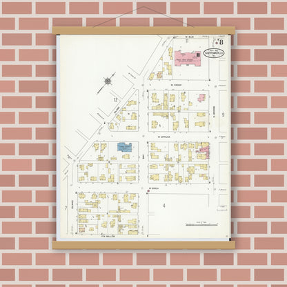 Old map wall art mockup — magnetic wood frame on brick wall — Sanborn Fire Insurance Map from Chippewa Falls, Chippewa County, Wisconsin (1910), Sheet #0008