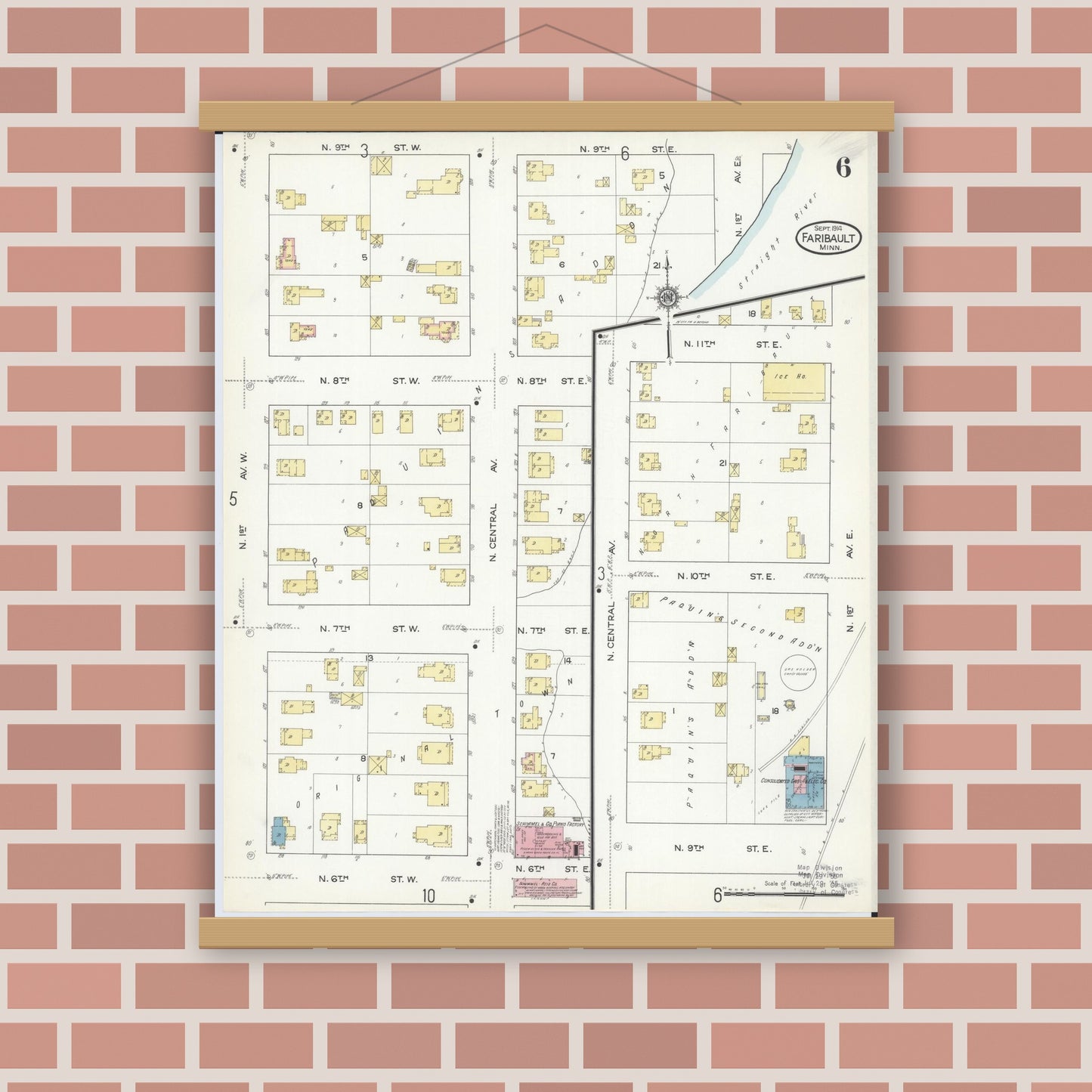 Old map wall art mockup — magnetic wood frame on brick wall — Sanborn Fire Insurance Map from Faribault, Rice County, Minnesota (1914), Sheet #0006