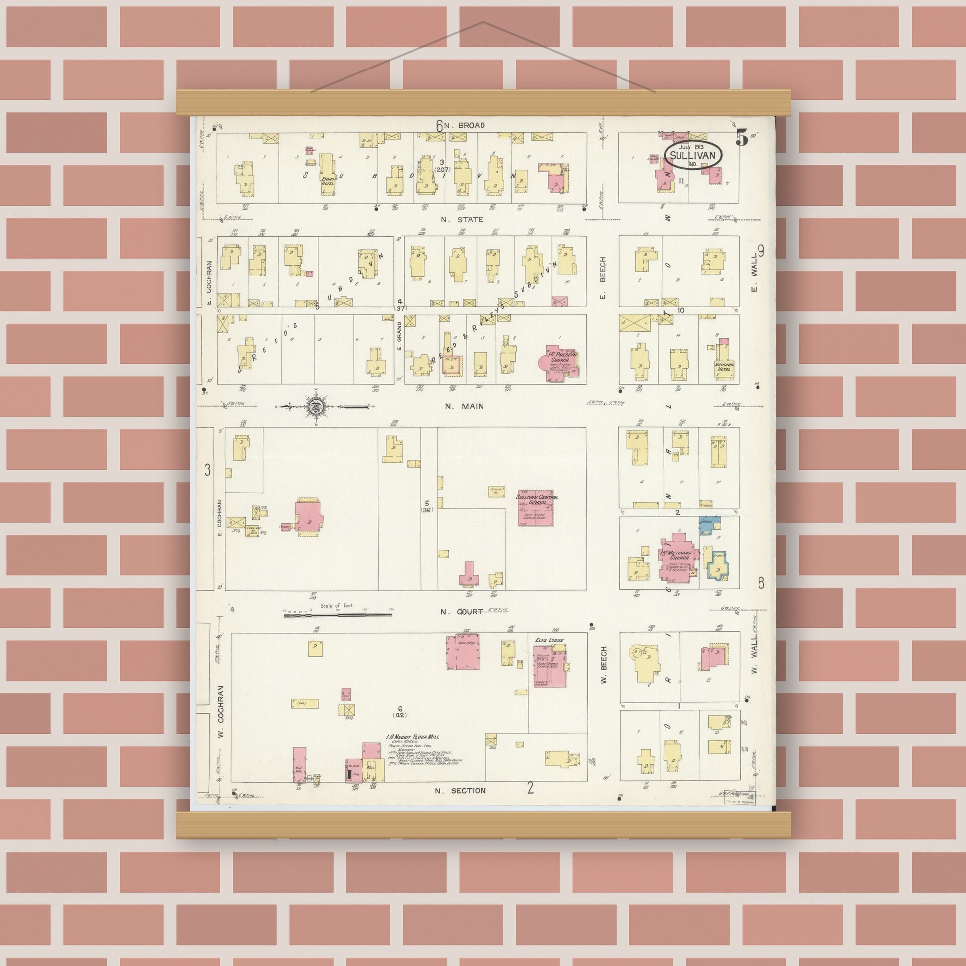 Old map wall art mockup — magnetic wood frame on brick wall — Sanborn Fire Insurance Map from Sullivan, Sullivan County, Indiana (1913), Sheet #0005